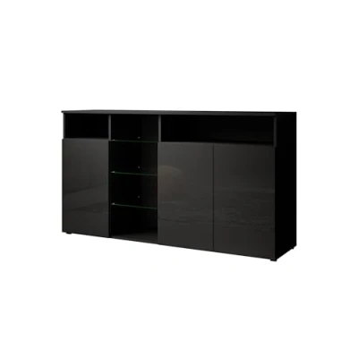 Imagen de MB Muebles Bonitos Aparador salón Ancho 150 x Alto 82 Profundo 40 cm Moderno Color Negro con Acabado Brillo 3 Puertas LED Mueble TV Comedor Modelo Clark L