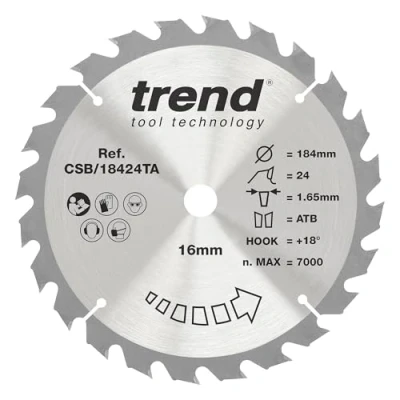 Imagen de Trend CSB/18424TA Hoja de sierra circular inalámbrica madera, diámetro 184 mm, orificio 16 24 dientes, TCT, corte 1,8 gancho +15,