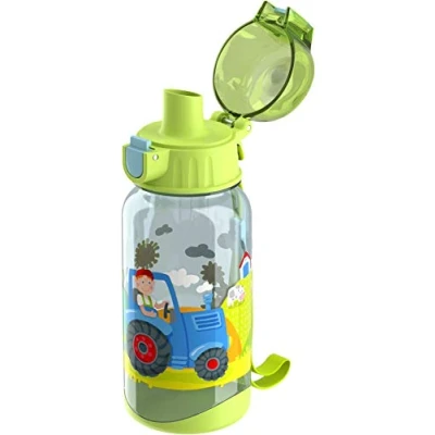 Imagen de HABA 304486 Cantimplora infantil, 400 ml, con diseño de tractor, color verde, para la guardería o escuela, plástico libre bisfenol A, apta el lavavajillas