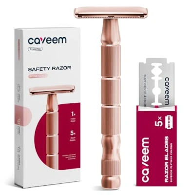 Imagen de CAVEEM Maquinilla de Afeitar Doble Filo, Maquinillas Una Sola Hoja con 5 Hojas Acero Inoxidable para Hombres y Mujeres Oro Rosa