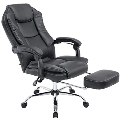 Imagen de CLP Silla De Oficina Castle En Cuero PU I Ejecutiva Reposapiés Extraíble &amp; Respaldo Reclinable Escritorio Ergonómica, Color:Negro