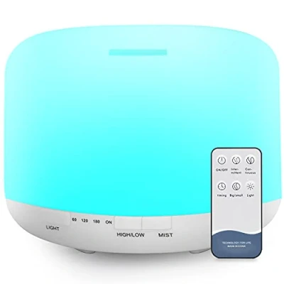 Imagen de 500ml difusor de aceites Esenciales, sin BPA humidificador ultrasónico con Mando a Distancia y 7 Diferentes Luces cambiantes Apagado automático Agua,Blanco