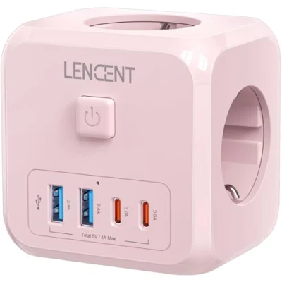 Imagen de LENCENT Cubo Enchufe USB 7 en 1, Ladron Enchufes 4000W, Múltiples Pared con 3 Tomas de CA, 2 A, Tipo C y Interruptor, Cargador para Oficina, Cocina Habitación, Rosa