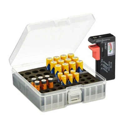 Imagen de Relaxdays Organizador para Pilas con Comprobador, 60 Baterías AA y AAA, 5,5 x 15 15,5 cm, Transparente Negro