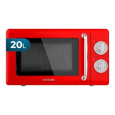 Imagen de Cecotec Microondas Mecánico de 20 L Proclean 3010 Retro Red. 700 W en 6 Niveles, Temporizador hasta 30 Minutos, Modo Descongelación, Diseño Vintage Rojo, Acabados Acero