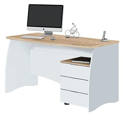 Imagen de Habitdesign Mesa de Despacho con 3 Cajones, Oficina o Estudio, Modelo Stil, Acabado en Balnco Artik y Roble Canadian, Medidas: 136 cm (Ancho) x 67 (Fondo) 74 (Alto)