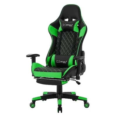 Imagen de ML Design Silla Gaming Verde Ergonómica con Resplado Alto para Escritorio Asiento Giratorio PU Imitación Cuero Racing Gamer Ajustable Reposabrazos, Reposacabezas, Cojín Lumbar y Reposapiés