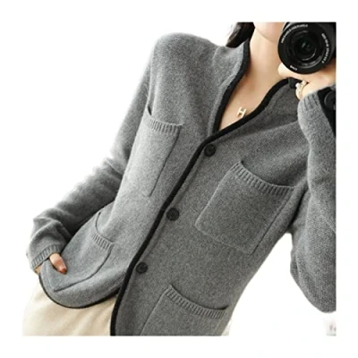 Imagen de VATIVA Suéter 100 % de cachemira para mujer, cárdigan cuello alto otoño/invierno, chaqueta punto casual (color: gris, talla: L)