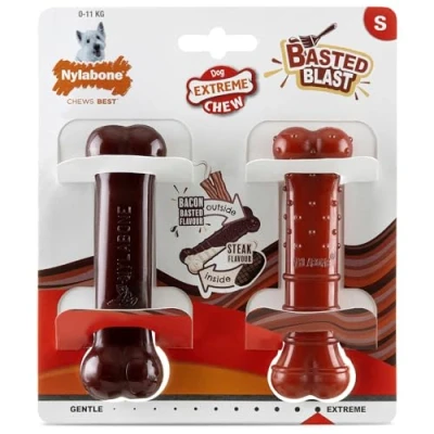 Imagen de Nylabone, Basted Blast, Masticación extremadamente fuerte, Juguete de nylon Para perros, Forma hueso, Hueso masticable duradero, Sabor: bacon &amp; filete, Pequeño, perros hasta 11 kg, 2 huesos