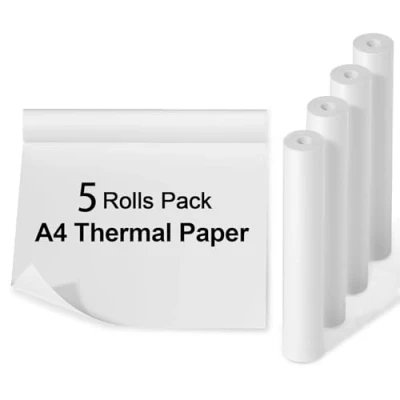 Imagen de Papel Térmico A4 para Impresora Térmica, 5 Rollos de Impresión Continua (210 x 25.2 mm), Secado Rápido, Ideal Documentos, Web y Fotos