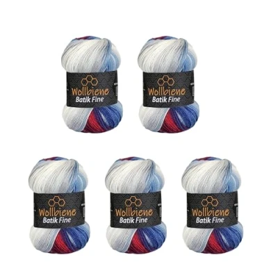 Imagen de Wollbiene Batik Fine 1540 Ovillos de lana con degradado multicolor, 5 unidades 100 g, 500 multicolor (1540 azul, rojo oscuro blanco)