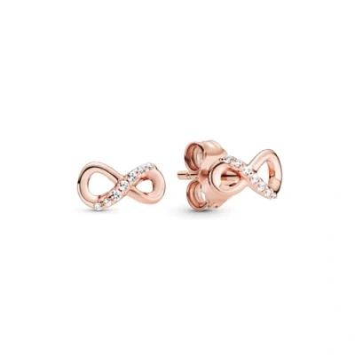 Imagen de Pandora Passions Pendientes de botón con símbolo infinito chapados en oro rosa 14 quilates circonitas cúbicas transparentes