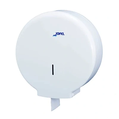 Imagen de Jofel Portarrollos de Papel Higiénico Industrial Grande, Dispensador en Rollos hasta 400m, max. 260mm Diámetro, Mandril 45mm, Ideal Baños Públicos WC, Azur AE55000, ABS Blanco