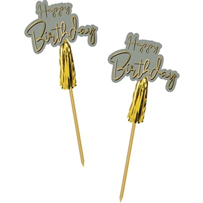 Imagen de Folat B.V. 68489 Golden Dawn Papel Picks Gris Oro 12 cm Piezas Palillos, Cocktail Sombrillas Happy Birthday, para Fiestas Ideal Decorar cumpleaños, Color