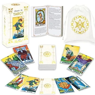 Imagen de IXIGER tarot Cards Deck con libro de guía, tarjetas bronceadoras Tamaño estándar 4.7x2.7 pulgadas, 78 clásicas bolsa terciopelo blanco