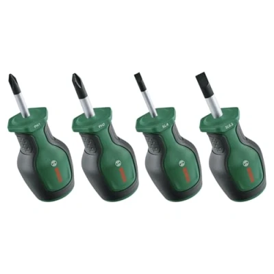 Imagen de Bosch Juego destornilladores cortos 4 piezas (compactos para espacios reducidos; PH/SL; acero S2; alto par; codificación color; punta magnética; empuñadura ergonómica)