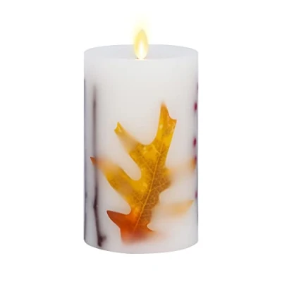 Imagen de Luminara Vela LED sin llama naranja con hoja de otoño incrustada, pilar móvil cera real, perfume, borde empotrado, listo para control remoto, temporizador (3.5 x 6.5 pulgadas)