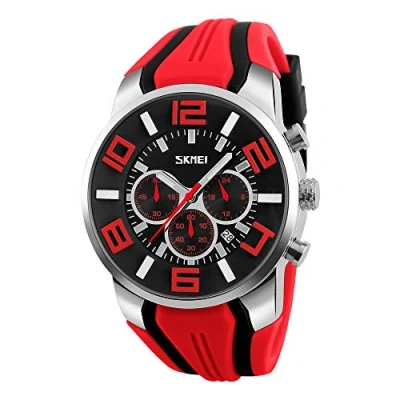 Imagen de FeiWen Relojes de Hombre Acero Inoxidable Bisel con Goma Correa Fashion Casual Deportivo Cuarzo Analógico Reloj Pulsera Calendario Cronómetro (Rojo)