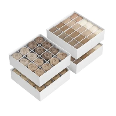 Imagen de SONGMICS Juego de 4 Organizadores Cajones, 80 Compartimentos (2x16+2x24), Cajas Plegables para Armario, 30 x 10 cm, Calcetines, Ropa Interior, Corbatas, Blanco Nube RUS011W01