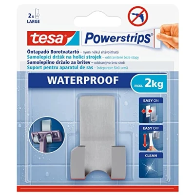 Imagen de tesa Powerstrips Waterproof Soporte de Acero para Maquinilla Afeitar Portamaquinillas Inoxidable Removible la Ducha Soporta hasta 2 kg