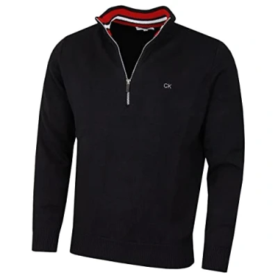 Imagen de Calvin Klein Suéter de punto algodón para hombre 2025 con media cremallera, negro/ rojo, 4XL