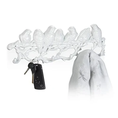 Imagen de Relaxdays Blanco con diseño Perchero Pared Pájaros, Hierro Fundido, 6 Ganchos, Colgador Llaves Envejecido, 13 x 36,5 4,5 cm Aprox
