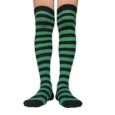 Imagen de AUSUAYA Calcetines altos a Rayas para mujer, de algodón, por encima la rodilla, calentador piernas Halloween, cosplay y gótico GB LW 3, negras verdes, Talla única