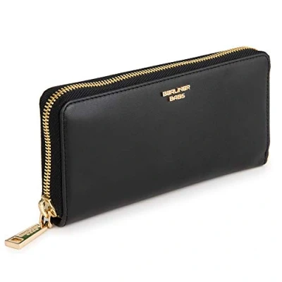 Imagen de Berliner Bags Premium Billetera Lyon Tarjetero con protección RFID de Cuero Calidad Suprema Bolsillo para Monedas Cremallera Mujer (Negro/Oro)