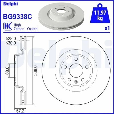 Imagen de DELPHI BG9338C Disco de freno 338 30 5 ventilado revestido altamente carbonizado sin cojinete rueda, anillo sensor ABS AUDI: Q5, A4 B9 Avant