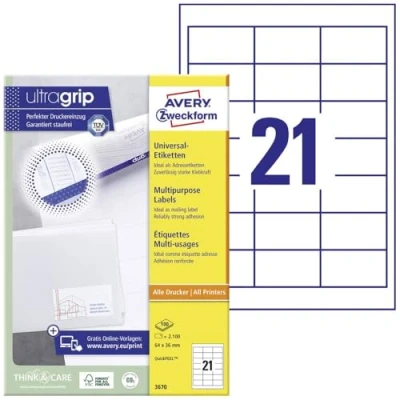 Imagen de Avery Dennison 3670 Etiquetas despegables para impresora láser, 64 x 36 mm, blanco