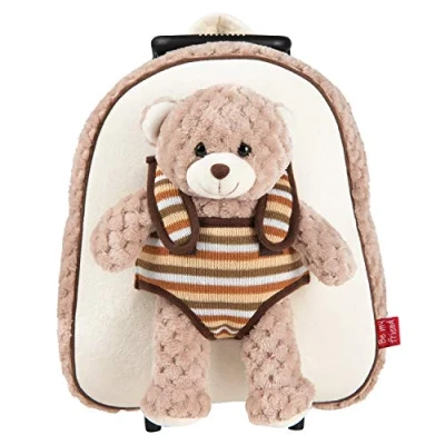 Imagen de PERLETTI Mochila Trolley Infantil con Oso de Peluche Bolsa Ruedas y Muñeco Osito para Niños Niñas 3 4 5 Años Bolso Escolar Escuela Guardería Viaje 29x33x11 cm (cachorro oso)