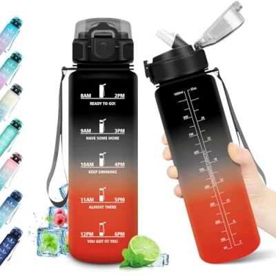 Imagen de Botella Agua con Pajita 1L, Reutilizable, Motivacional sin BPA, Marcador de Tiempo, Cantimplora Ideal para Cámping, Escuela, Gimnasio, Bicicleta, Running, Oficina