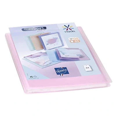Imagen de Viquel Protector de documentos personalizable Encuadernación A4 Portavistas 120 vistas (60 bolsas) Propysoft Fundas transparentes y lisas, color rosa translúcido