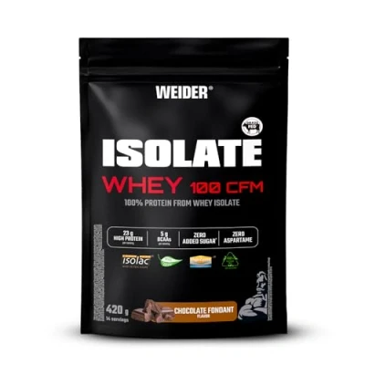 Imagen de Weider Isolate Whey 100CFM (420g) Sabor Chocolate Fondant. 100% Aislado de Proteína Suero Leche, 23g Proteína/porción, Con Enzimas, Sin Azúcar Añadido, Aspartamo, Bajo en Grasa