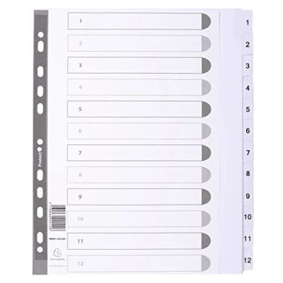 Imagen de Exacompta MWD1 12Z EW Separadores de cartulina blanca FSC® 160g/m2 con 12 pestañas impresas digitalmente del 1 al y plastificadas Ficha imprimible Formato a archivo A4 maxi