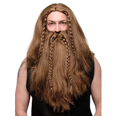Imagen de WIG ME UP RJ033 P6 Peluca y Barba Larga Trenzada Halloween Carnaval Vikingo bárbaro normando gnomo marrón