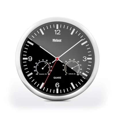 Imagen de Mebus Quarz Wanduhr mit Thermometer und Hygrometer/silberner Rahmen/Schwarzes Zifferblatt / 25cm Durchmesser/Rund/Modell: 56731 Farbe: Silber, Schwarz