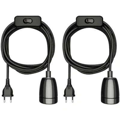 Imagen de ledscom.de 2 piezas cable textil LEHA II, enchufe, interruptor, negro, 3 m, toma de porcelana, 1x E27 máx. 300W