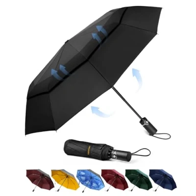 Imagen de TECKNET Paraguas Plegable, Antiviento Sombrilla con Doble Cubierta para Hombres, Automático Abierto y Cierre, Ligero Portátil, Viaje Grandes Umbrella de 10 Varillas, Negro
