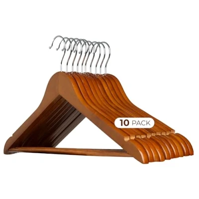 Imagen de COM FORT HOUSE Pack de 10 Perchas Madera Maciza Nogal con Gancho Giratorio 360 y Muescas Antideslizantes Barra para Pantalones Alta Resistencia