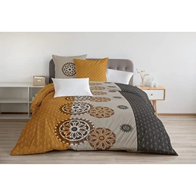 Imagen de Home Linge Passion Funda nórdica de 3 Piezas 100% algodón 57 Hilos 2 Personas 240 x 260 cm Yucatan Gris Y Ocre Naranja