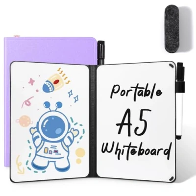 Imagen de AGM Pizarra blanca de color lila, portátil, tamaño A5, pequeña, doble cara, sin imán, 15 x 21 cm, carcasa dura para oficina, escuela, hogar, incluye 1 rotulador con punta goma