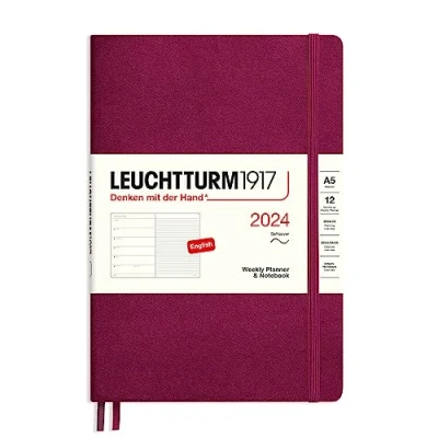 Imagen de LEUCHTTURM1917 367780 Agenda semanal y cuaderno de notas Tapa blanda tamaño mediano (A5) 2024, 12 meses, Port Red, Inglés