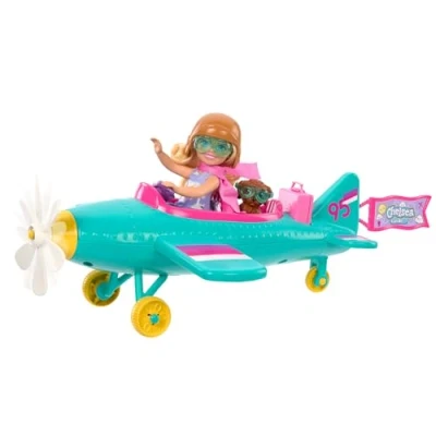 Imagen de Barbie Chelsea Tú Puedes Ser Aviadora Muñeca Profesiones con avión, Accesorios de Viaje y Pegatinas, Juguete +3 años (Mattel HTK38)