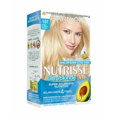 Imagen de Garnier Nutrisse Creme Coloración Nutritiva Permanente, Tinte 100% Cobertura de Canas con Mascarilla 4 Aceites Tono 101 Rubio Platino Ceniza