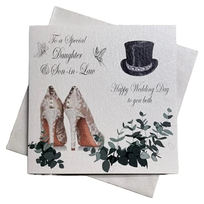 Imagen de WHITE COTTON CARDS Tarjeta de Boda Hecha a Mano, PD44, con Texto en inglés Special Daughter &amp; Son in Law Happy Wedding Day To You Both, Blanco, 16cm x