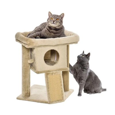 Imagen de PawHut Árbol Rascador para Gatos Pequeños de 57 cm Torre con Poste Yute Rampa Rascar Cama y Bola Colgante 40x40x57 Café