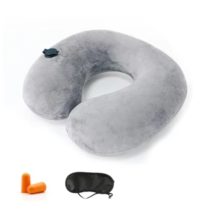 Imagen de Kzouenzu Almohada De Viaje Hinchable, Inflable Cojin Cervical Viaje, Ultraligero Y Compacta, para Relajarse En Oficina, Avión, Coche, Tren [Gris]