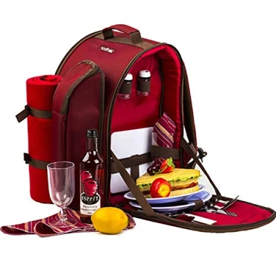 Imagen de Mochila de Picnic ALLCAMP, para 2 Personas, con Bolsa térmica, vajilla y Manta Forro Polar, Rosso