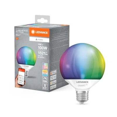 Imagen de LEDVANCE Lámpara LED SMART+ MATTER, compatible con Google, Alexa, Apple, acabado esmerilado, 14W, 1521lm, base E27, función RGBW y luz blanca, app o control por voz, vida útil de hasta 20.000 horas